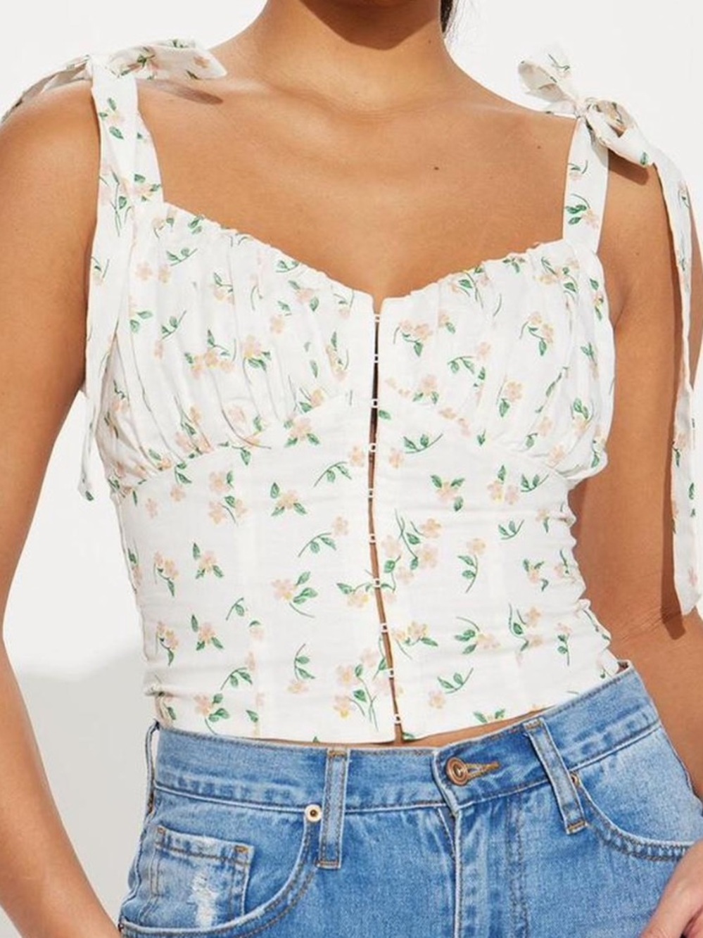 Floral White and Green Corset Crop Top